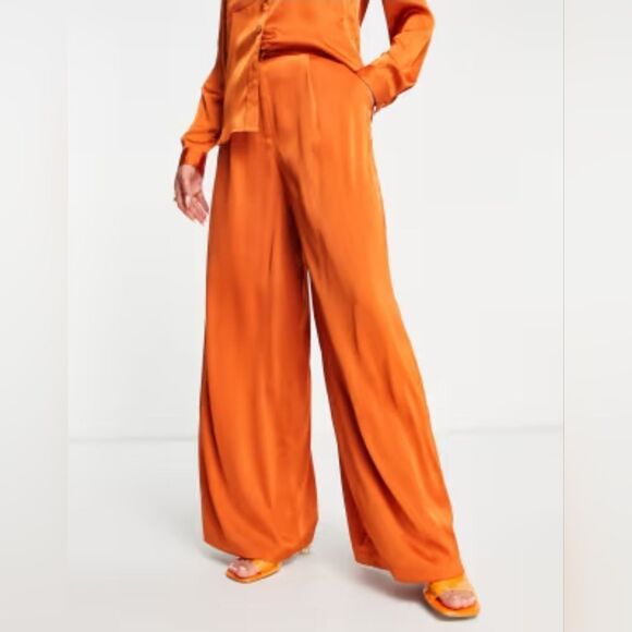 2uves Spain Wide Leg High Waist Pleated Satin Elastic Back Trousers in Orange M - Picture 1 of 8